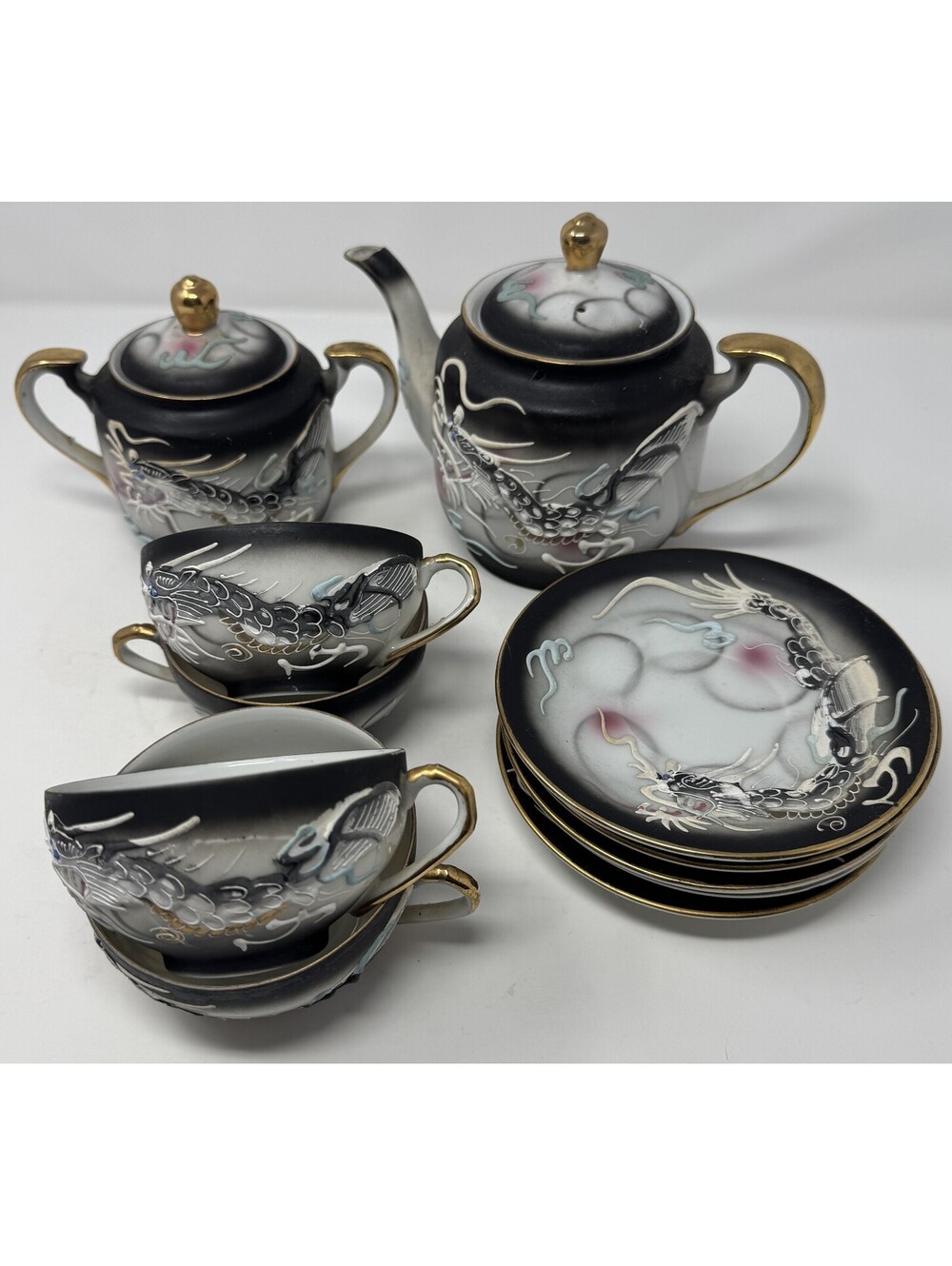Vintage Japanese Ucagco Dragon Ware Demitasse Moriage Tea Set Handpainted Porc